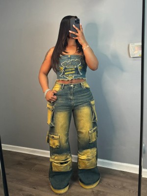 Cowboy three-dimensional multi bag loose fitting work pants