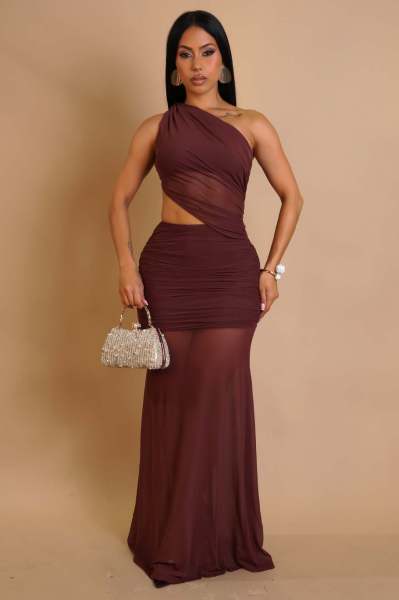 Single shoulder strap dress with exposed waist and transparent skirt, solid color dress