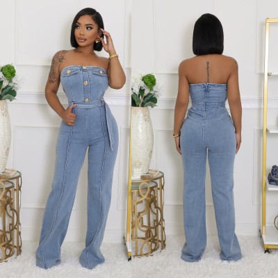 Strapless tight waist elastic wash denim jumpsuit jumpsuit wide leg pants