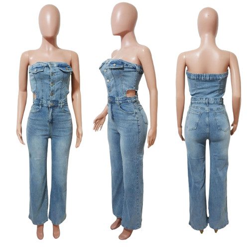 Strapless one shoulder straight leg wide leg denim jumpsuit
