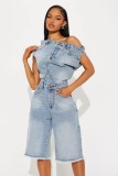 Strapless one shoulder denim jumpsuit