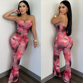 Mesh printed backless camisole jumpsuit
