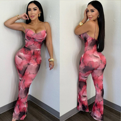 Mesh printed backless camisole jumpsuit