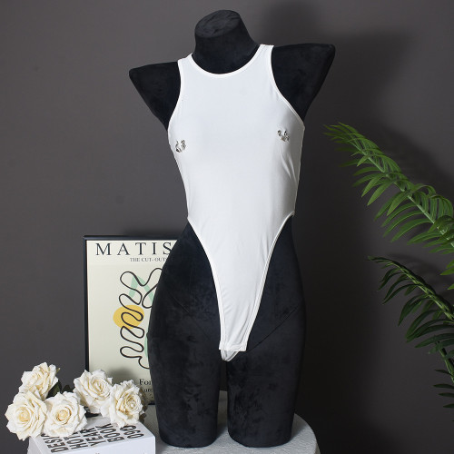 Round neck hollow out crotch three-dimensional decorative jumpsuit