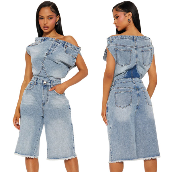 Strapless one shoulder denim jumpsuit
