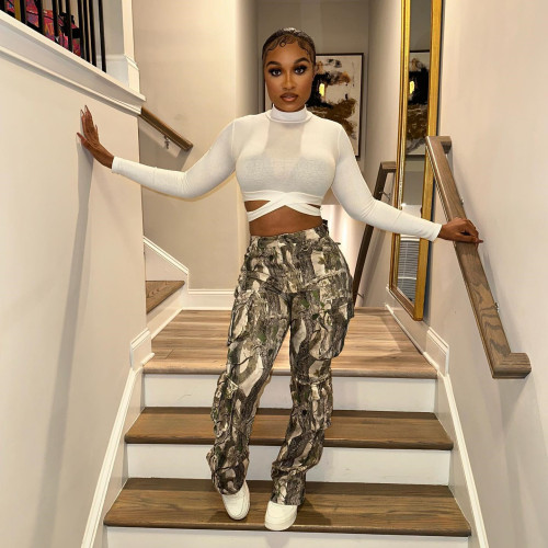 Splicing camouflage printed high waisted contrasting pants