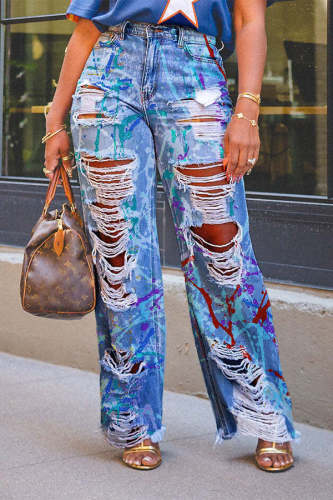 Graffiti printed ripped straight leg jeans