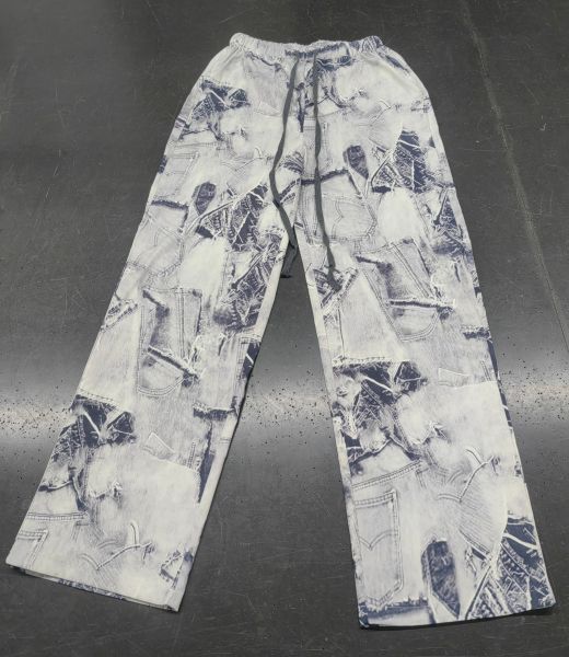 Printed imitation denim elastic waistband drawstring loose straight leg pants
