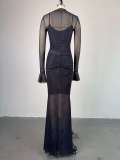 Half high collar lace long sleeved high waisted hip hugging one step skirt long skirt
