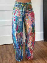Straight leg pants painted with elastic denim pants
