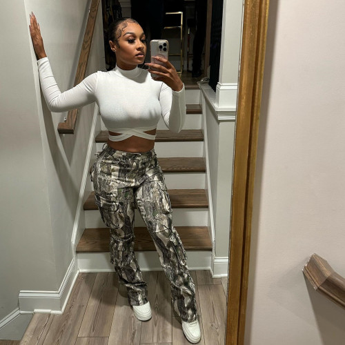 Splicing camouflage printed high waisted contrasting pants