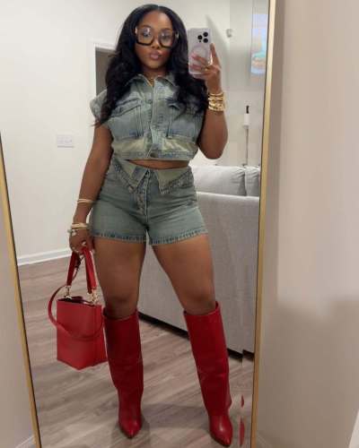 Elastic denim color blocked hip shorts set