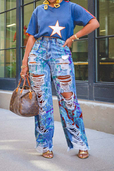 Graffiti printed ripped straight leg jeans