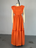 Lotus leaf edge short sleeved round neck waist cinched long style big swing dress