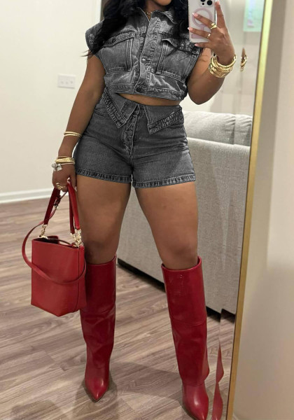 Elastic denim color blocked hip shorts set