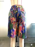Digital printed multi-color pocket denim shorts