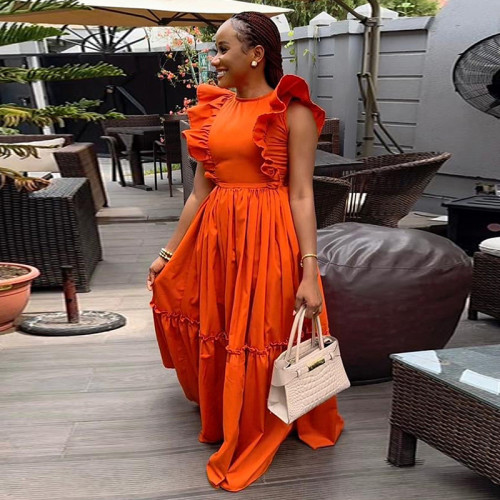 Lotus leaf edge short sleeved round neck waist cinched long style big swing dress