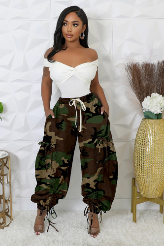 Camouflage print, drawstring, large pocket, lantern, loose ankle, harem pants, long pants
