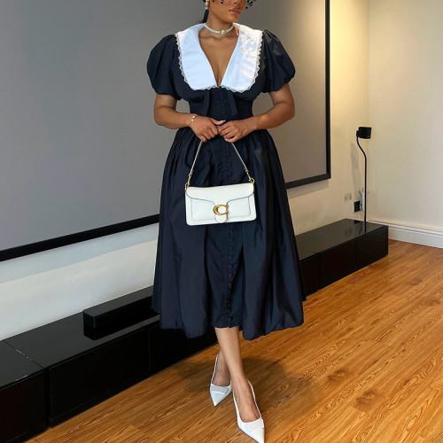 Bubble sleeve waist cinched black mid length dress