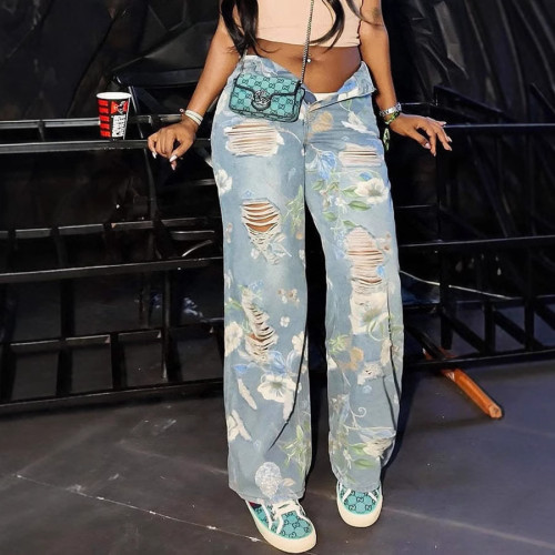 Floral graffiti printed ripped high waisted loose straight leg jeans