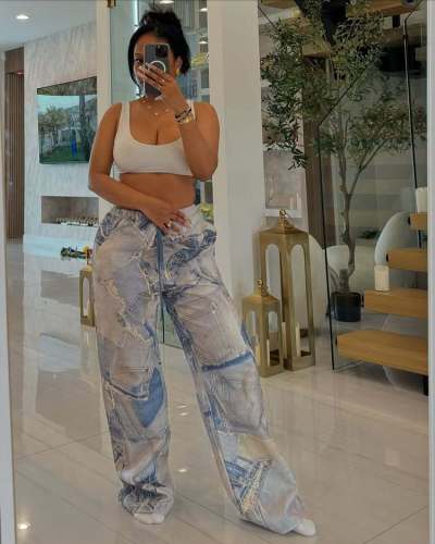 Printed imitation denim elastic waistband drawstring loose straight leg pants