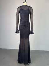 Half high collar lace long sleeved high waisted hip hugging one step skirt long skirt