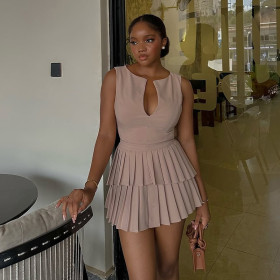 V-neck high waisted pleated A-line dress short skirt