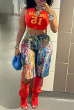 Digital printed multi-color pocket denim shorts