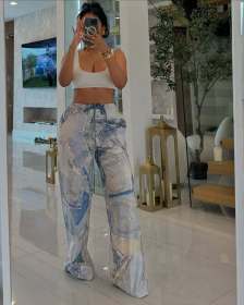 Printed imitation denim elastic waistband drawstring loose straight leg pants