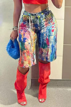 Digital printed multi-color pocket denim shorts