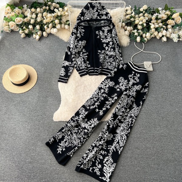 Sports Knitwear Printed Hoodie High Waist Wide Leg Pants Two Piece Set