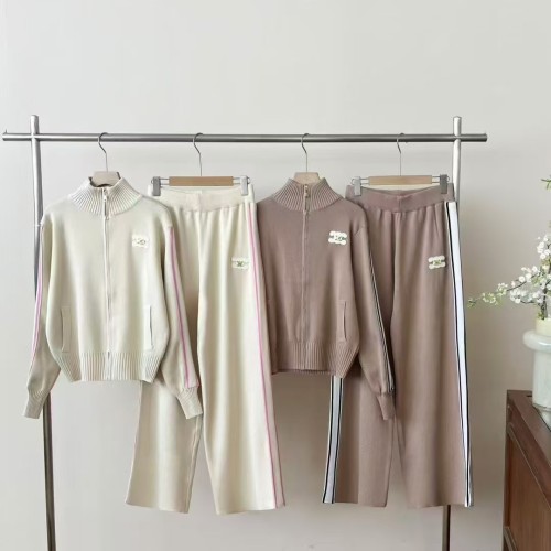 Slim fit sports exterior zipper top, wide leg pants, knitted two-piece set