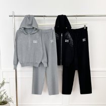 Hooded letter embroidered zipper knitted jacket wide leg pants two-piece set