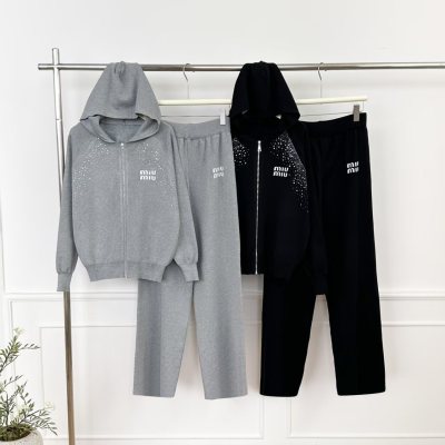 Hooded letter embroidered zipper knitted jacket wide leg pants two-piece set