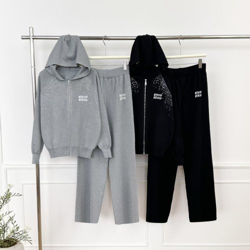 Hooded letter embroidered zipper knitted jacket wide leg pants two-piece set