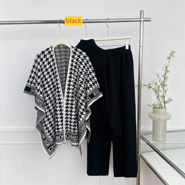 Long sleeved knitted sweater high waisted wide leg pants three piece set