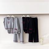 Letter sleeveless knitted top cardigan jacket wide leg pants three piece set