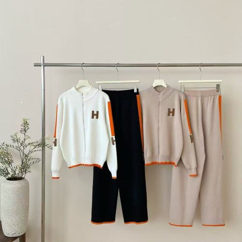 Large zipper knitted letter long sleeved jacket wide leg pants two-piece set