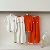 Two piece set of letter spliced zipper cardigan, short sleeved knitted wide leg pants Two piece set of letter spliced zipper cardigan, short sleeved knitted wide leg pants