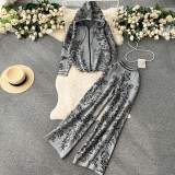 Sports Knitwear Printed Hoodie High Waist Wide Leg Pants Two Piece Set