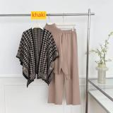 Long sleeved knitted sweater high waisted wide leg pants three piece set