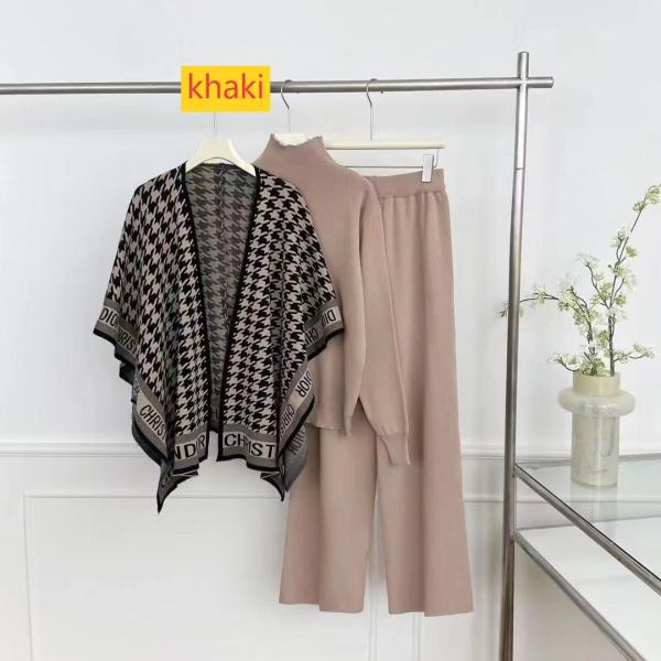 Long sleeved knitted sweater high waisted wide leg pants three piece set