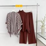 Long sleeved knitted sweater high waisted wide leg pants three piece set