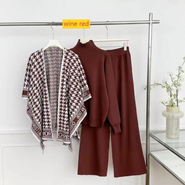 Long sleeved knitted sweater high waisted wide leg pants three piece set