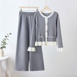 Horn sleeve knitted cardigan with ruffle hem long sleeved sweater set