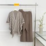 Long sleeved knitted sweater high waisted wide leg pants three piece set