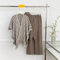 Long sleeved knitted sweater high waisted wide leg pants three piece set