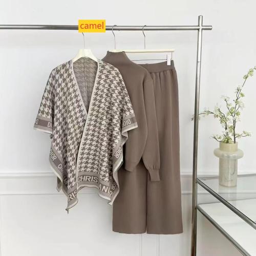 Long sleeved knitted sweater high waisted wide leg pants three piece set