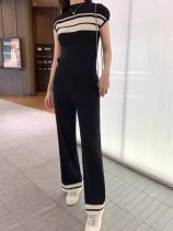 Two piece set of sleeveless knitted top, high waist, straight leg, wide leg pants