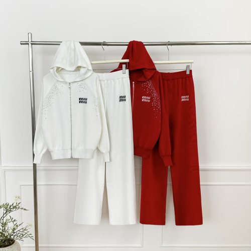 Hooded letter embroidered zipper knitted jacket wide leg pants two-piece set